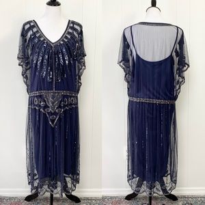 GatsbyLady London Navy Blue Beaded Sequin Mesh 1920s Flapper Style Dress Size 18